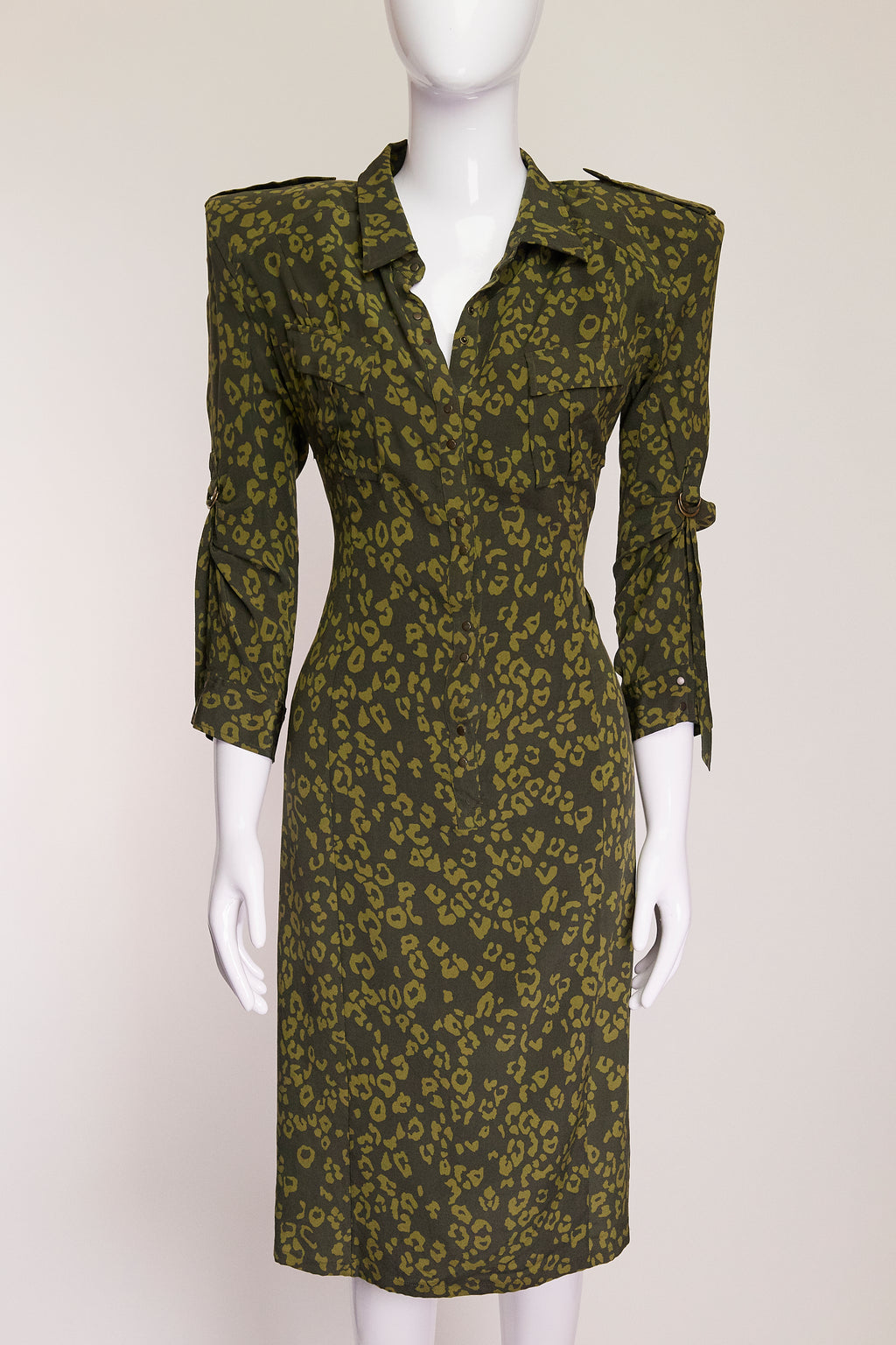 Balenciaga Paris Shoulder Pad Green Leopard Print Dress FR42 IT46