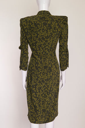 Balenciaga Paris Shoulder Pad Green Leopard Print Dress FR42 IT46