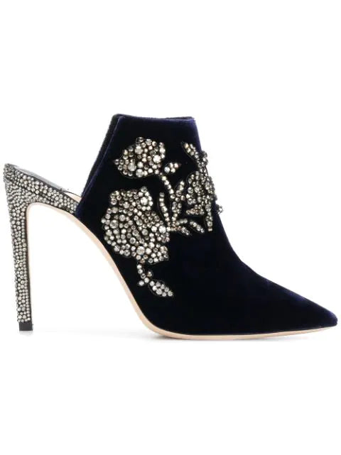 JIMMY CHOO NAVY VELVET MULES W. PEONY CRYSTAL EMBROIDERY IN BLUE