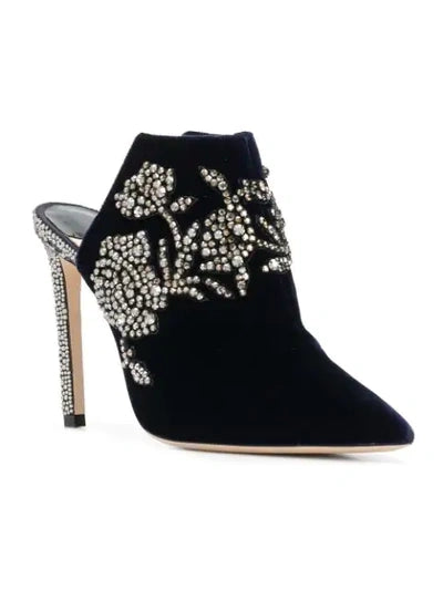 JIMMY CHOO NAVY VELVET MULES W. PEONY CRYSTAL EMBROIDERY IN BLUE