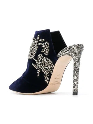 JIMMY CHOO NAVY VELVET MULES W. PEONY CRYSTAL EMBROIDERY IN BLUE