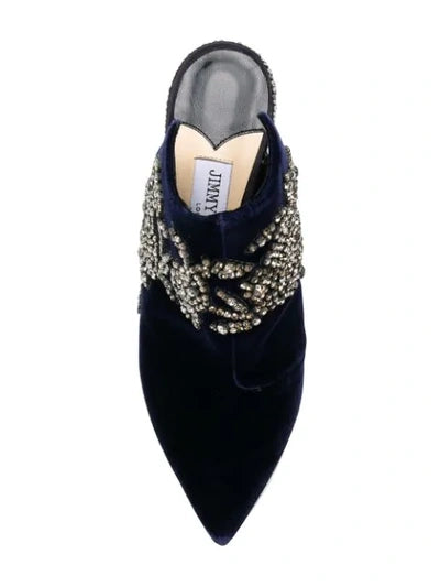 JIMMY CHOO NAVY VELVET MULES W. PEONY CRYSTAL EMBROIDERY IN BLUE